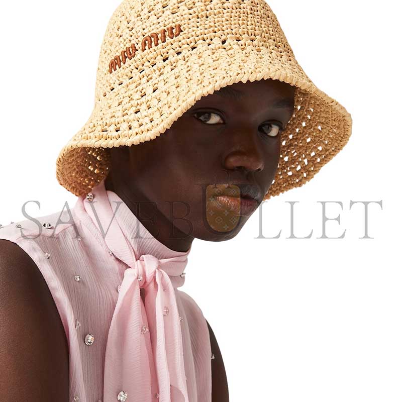 MIU MIU EMBROIDERED-LOGO RAFFIA BUCKET HAT 5HC287